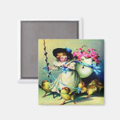 ヴィンテージイースターガールとベビーチックス マグネット (正面/裏面)