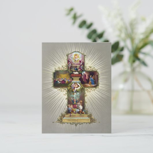 ヴィンテージイースタークロス宗教ホリデー金ゴールド ポストカード (スタンド正面)