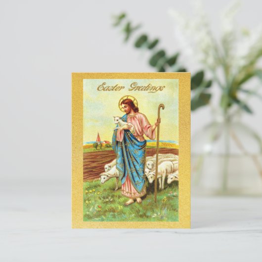 ヴィンテージイースターグリーツシェパードヒツプラムイエス ポストカード (スタンド正面)