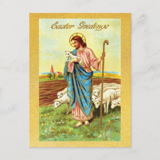 ヴィンテージイースターグリーツシェパードヒツプラムイエス ポストカード (正面)