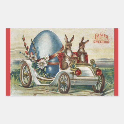 ヴィンテージイースターグリーティングウサギアンティークカーエッグ 長方形シール (正面)