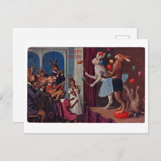 ヴィンテージイースターグリーティングカード – ジャグリングバンニ ポストカード (正面/裏面)