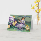 ヴィンテージイースターグリーティングガールエッグシック馬車 カード (黄色い花)