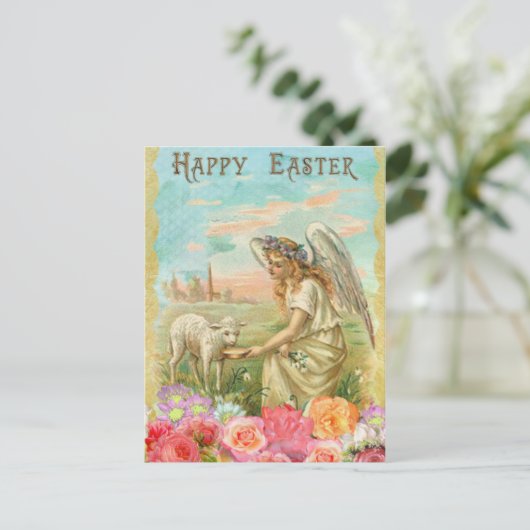 ヴィンテージイースターグリーティングスプリングエンジェルラム ポストカード (スタンド正面)