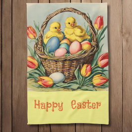 ヴィンテージイースターチックスとチューリップ キッチンタオル