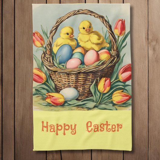 ヴィンテージイースターチックスとチューリップ キッチンタオル