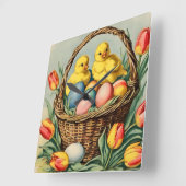 ヴィンテージイースターチックスとチューリップ スクエア壁時計 (傾斜)