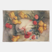 ヴィンテージイースターチックスと赤いチューリップの花 キッチンタオル (横)