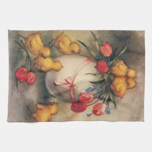 ヴィンテージイースターチックスと赤いチューリップの花 キッチンタオル (横)