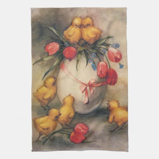 ヴィンテージイースターチックスと赤いチューリップの花 キッチンタオル (縦)