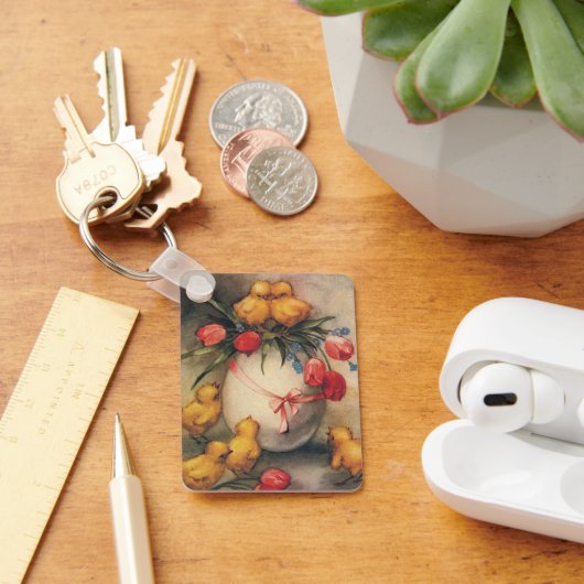 ヴィンテージイースターチックスと赤いチューリップの花 キーホルダー (デスク)