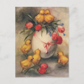 ヴィンテージイースターチックスと赤いチューリップの花 シーズンポストカード (正面)