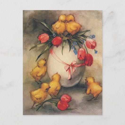 ヴィンテージイースターチックスと赤いチューリップの花 シーズンポストカード (正面)