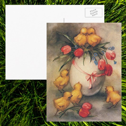 ヴィンテージイースターチックスと赤いチューリップの花 シーズンポストカード