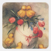 ヴィンテージイースターチックスと赤いチューリップの花 スクエアシール (正面)