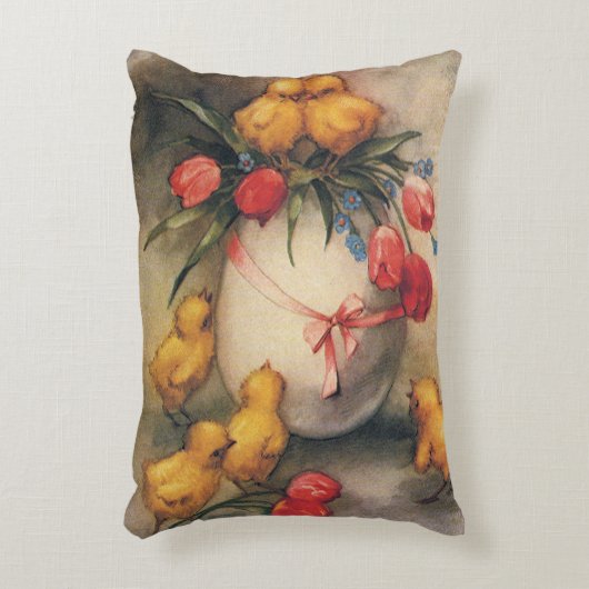 ヴィンテージイースターチックス、赤いチューリップの花を持つ卵 アクセントクッション (正面(垂直))