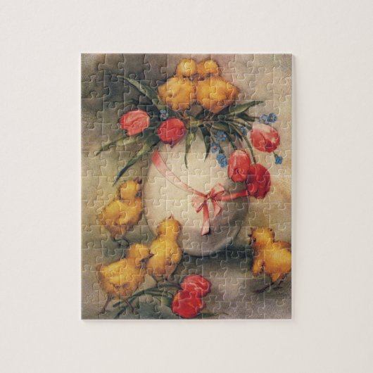 ヴィンテージイースターチックス、赤いチューリップの花を持つ卵 ジグソーパズル (縦)
