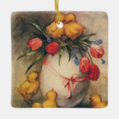 ヴィンテージイースターチックス、赤いチューリップの花を持つ卵 セラミックオーナメント (正面)