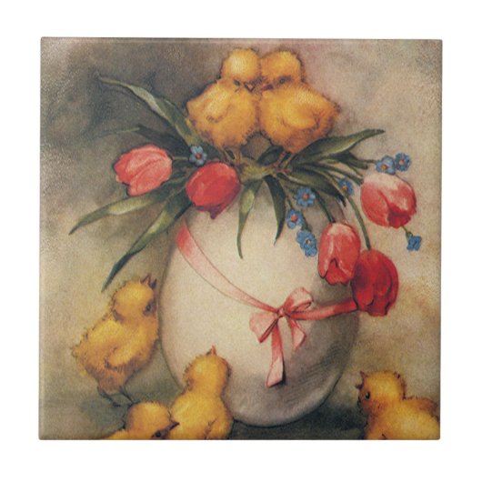 ヴィンテージイースターチックス、赤いチューリップの花を持つ卵 タイル (正面)