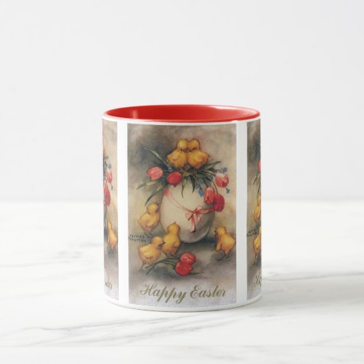 ヴィンテージイースターチックス、赤いチューリップの花を持つ卵 マグカップ (中央)