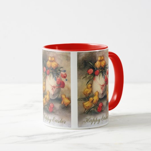 ヴィンテージイースターチックス、赤いチューリップの花を持つ卵 マグカップ (正面右)