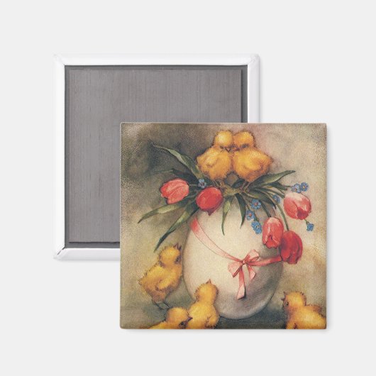 ヴィンテージイースターチックス、赤いチューリップの花を持つ卵 マグネット (正面/裏面)