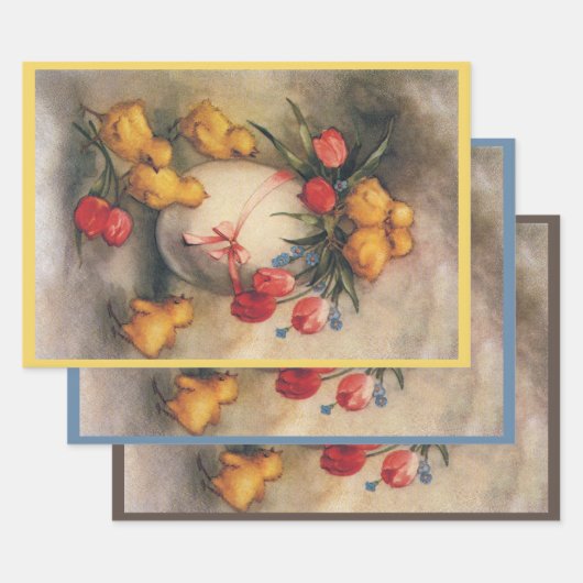 ヴィンテージイースターチックス、赤いチューリップの花を持つ卵 ラッピングペーパーシート (セット)