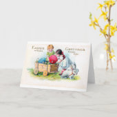 ヴィンテージイースターチャイルドバニー卵 カード (黄色い花)