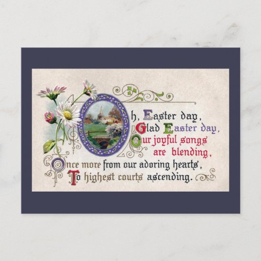 ヴィンテージイースターデイジーと小さな教会プラス詩 シーズンポストカード (正面)