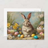 ヴィンテージイースターバケッツと復活祭バニー、花 シーズンポストカード (正面/裏面)