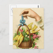 ヴィンテージイースターバスケットイエローバードと手 ポストカード (正面/裏面)