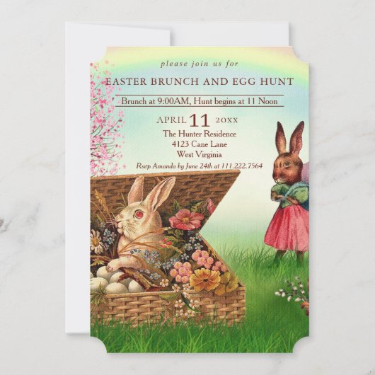 ヴィンテージイースターバスケット。イースターブランチと卵狩り 招待状 (正面)