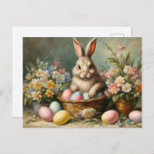 ヴィンテージイースターバニーとイースターエッグと花 シーズンポストカード (正面/裏面)