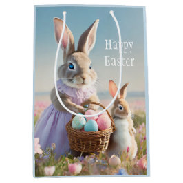 ヴィンテージイースターバニーとイースターエッグのバスケット ミディアムペーパーバッグ