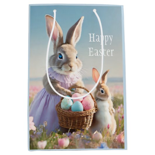 ヴィンテージイースターバニーとイースターエッグのバスケット ミディアムペーパーバッグ (正面)