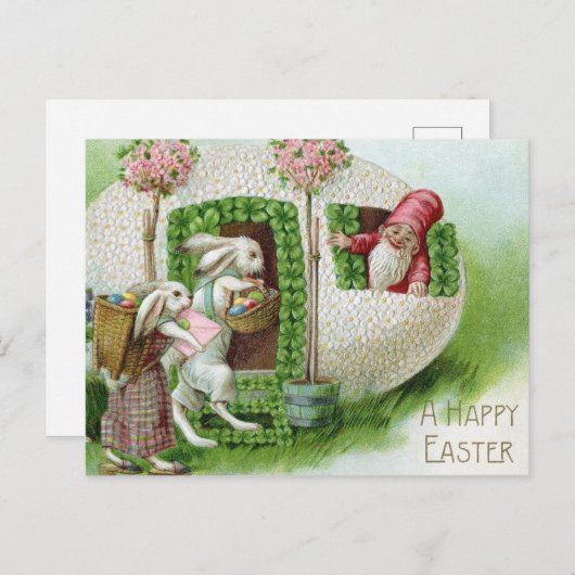 ヴィンテージイースターバニーとイースターエッグガーデン ポストカード (正面/裏面)