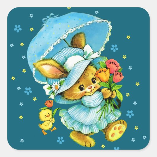 ヴィンテージイースターバニーとシック。ギフトシール スクエアシール (正面)