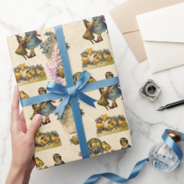 ヴィンテージイースターバニーと女の子のパーティーラップ ラッピングペーパー