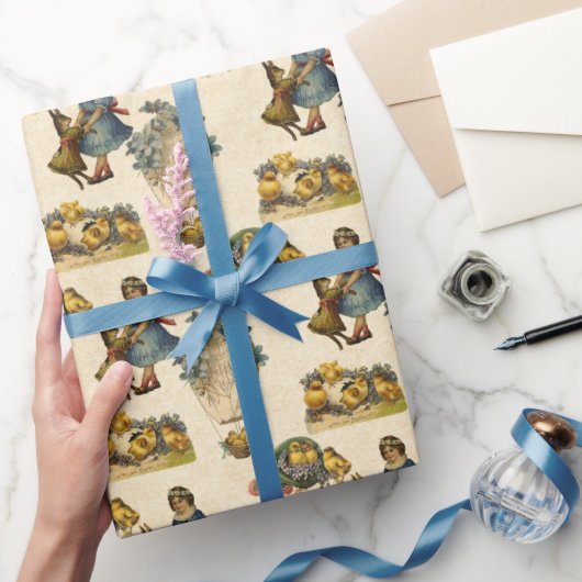 ヴィンテージイースターバニーと女の子のパーティーラップ ラッピングペーパー (ギフト)