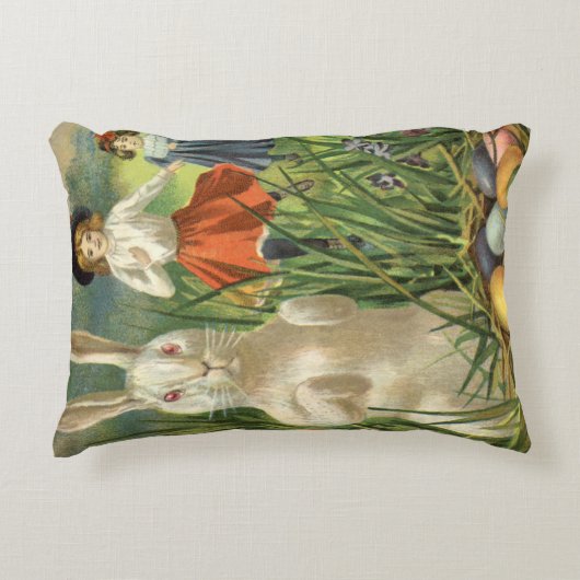 ヴィンテージイースターバニーと子供たちハッピー東潮 アクセントクッション (正面)