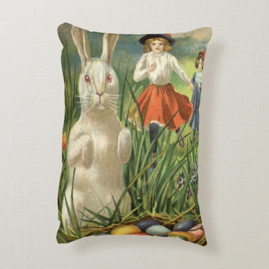 ヴィンテージイースターバニーと子供たちハッピー東潮 アクセントクッション (裏面(縦))