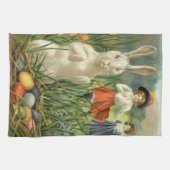 ヴィンテージイースターバニーと子供たちハッピー東潮 キッチンタオル (横)