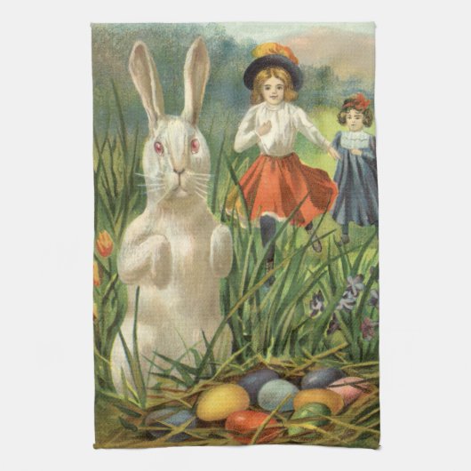ヴィンテージイースターバニーと子供たちハッピー東潮 キッチンタオル (縦)
