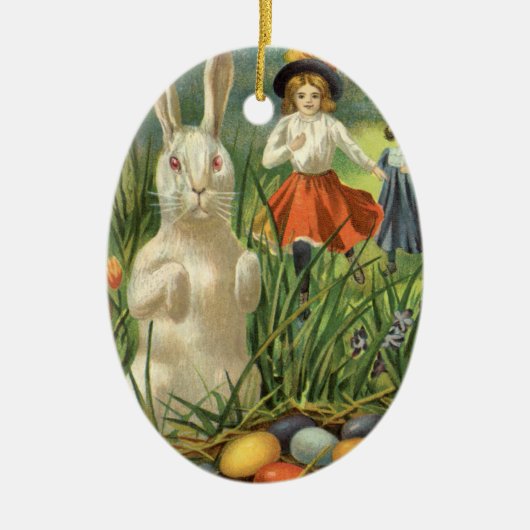 ヴィンテージイースターバニーと子供たちハッピー東潮 セラミックオーナメント (正面)