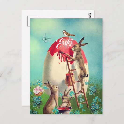 ヴィンテージイースターバニーと巨大な卵の休日 ポストカード (正面/裏面)