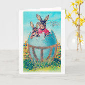 ヴィンテージイースターバニーと飾大卵 カード (黄色い花)