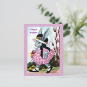 ヴィンテージイースターバニーの女の子の復活祭ボンネット&ドレス ポストカード (スタンド正面)