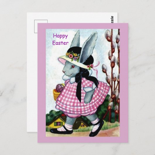 ヴィンテージイースターバニーの女の子の復活祭ボンネット&ドレス ポストカード (正面/裏面)