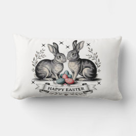 ヴィンテージイースターバニーペアイラストレーションと卵 ランバークッション