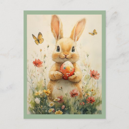 ヴィンテージイースターバニー保持卵inワイルドフラワー シーズンポストカード (正面)